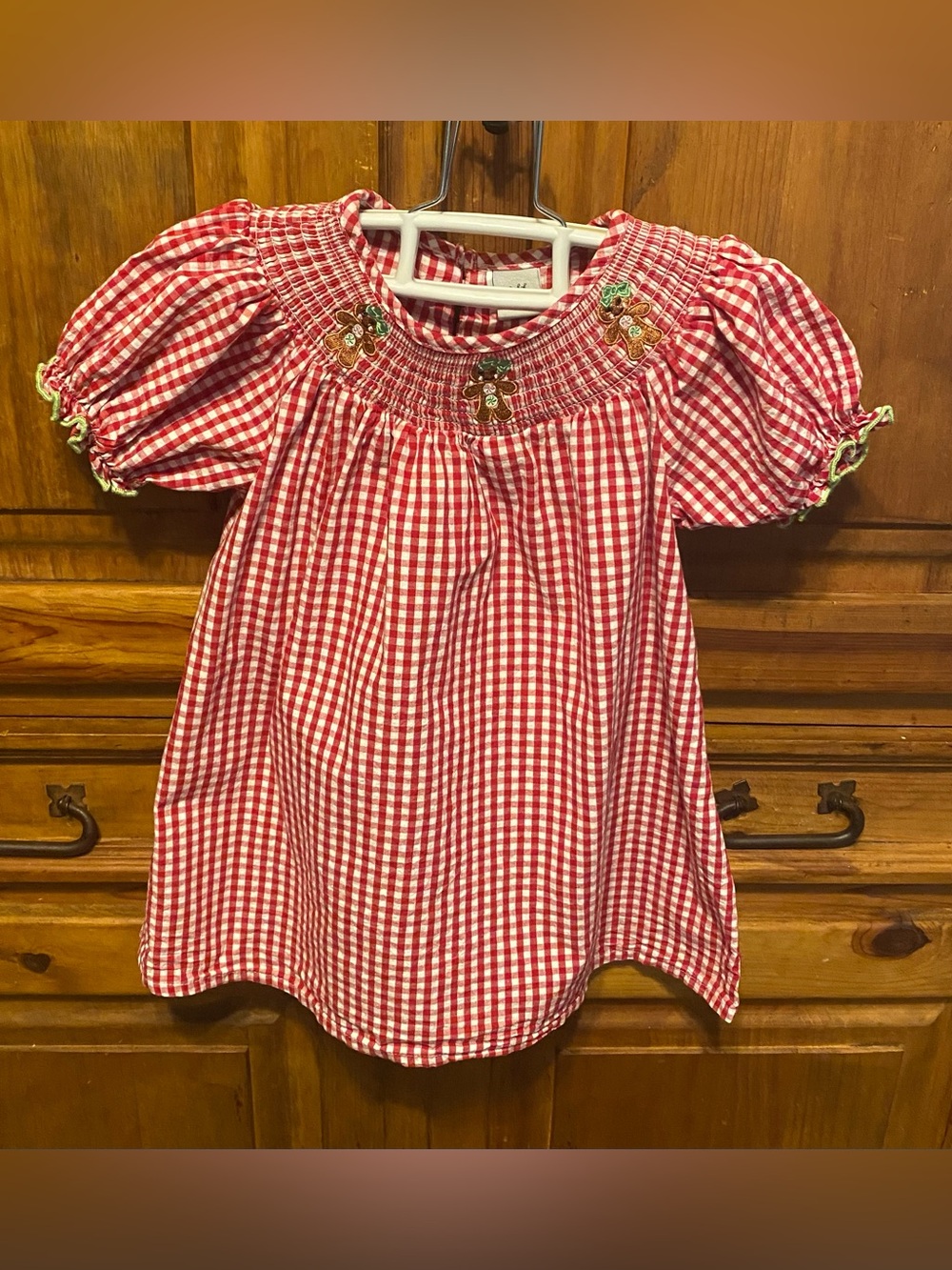 Dash of Glitter Red Gingham Gingerbread Smocked Christmas Dress